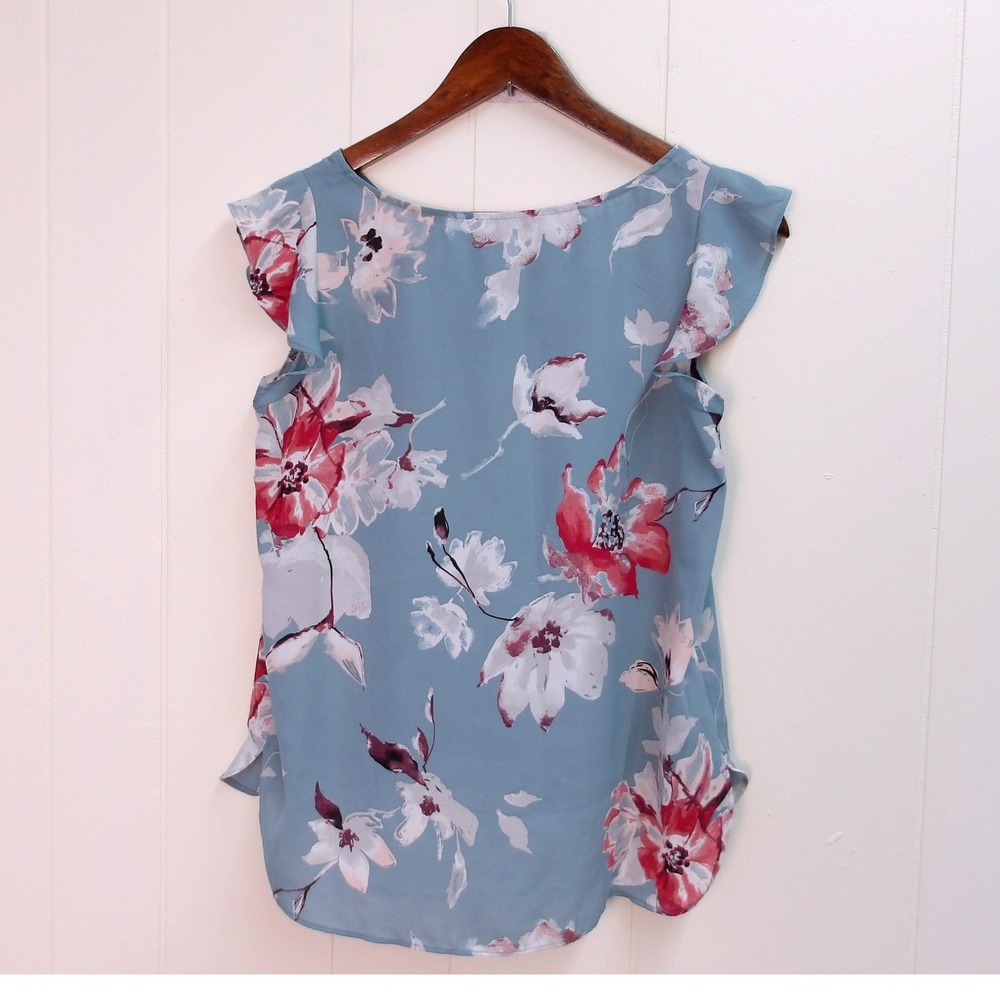 Loft Outlet Floral Ruffle Sleeve Blouse Top Blue Red White Women's PS / #7272 - Picture 3 of 5